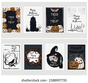 Collection of Happy Halloween cards. Vector Halloween illustrations for party cards, tags, and posters. Pumpkins, which hat, crow, candles, Jack-o-lanterns, and spooky elements.