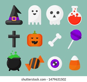 collection of happy halloween icons set isolated on blue background. vector Illustration.