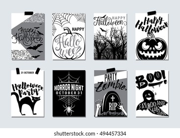Collection of happy halloween and party typography monochrome flyer poster card banner template with lettering, zombie, ghost say boo, tree, bat, pumpkin, spider. Vector retro halloween celebration