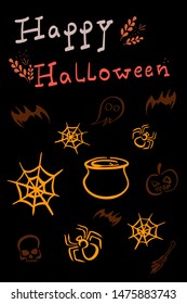 Collection of Happy Halloween silhouettes & characters. Hand drawing creative doodle for holiday greeting card, invitation, posters, banner. Vector outline icons set isolated on black background.