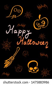 Collection of Happy Halloween silhouettes & characters. Hand drawing creative design for holiday greeting card, invitation, posters, banner. Vector outline icons set isolated on black background.