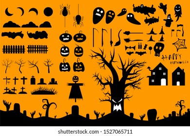 Collection of Happy Halloween silhouettes icon and character.pumpkin, ghost, tree, bat, candy.Halloween Vector.