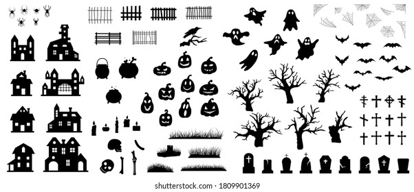 Collection of Happy Halloween silhouettes. Set of icon for celebration. Vector illustration on white background.