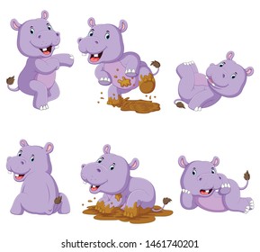 Collection of happy hippo with various posing