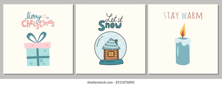 Collection of Happy Holiday Greeting Cards. Hand drawn snow globe, candle, gift box on postcards with lettering. Minimalist posters with Christmas elements in doodle style