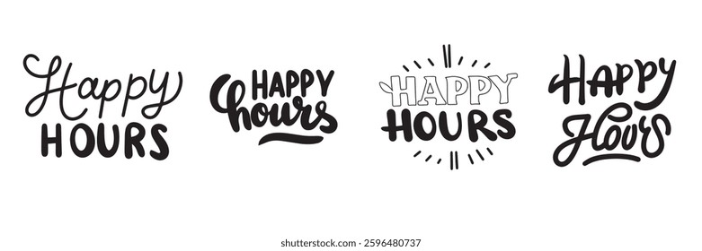 Collection Happy Hours text lettering. Hand drawn vector art.