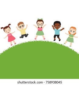 Collection of happy jumping kids. Little children outdoor.