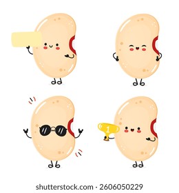 Collection of happy kidney bean characters showing various moods and holding different objects.