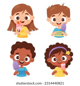 Collection happy kids with ice cream. Cute different girls and boys. Vector illustration in cartoon style. Isolated funny smiling characters on white background.