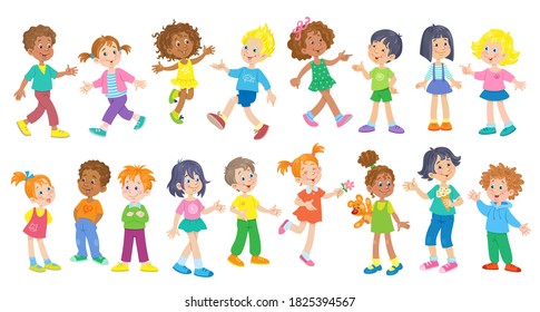 Collection of happy kids. Multicultural children with different colors of skin and hair in different poses and relationships. In cartoon style. Isolated on white background. Vector flat illustration