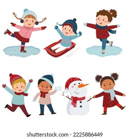 Collection of happy kids playing snow in winter. 