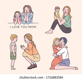 A collection of happy looks with mother and children. flat design style minimal vector illustration.