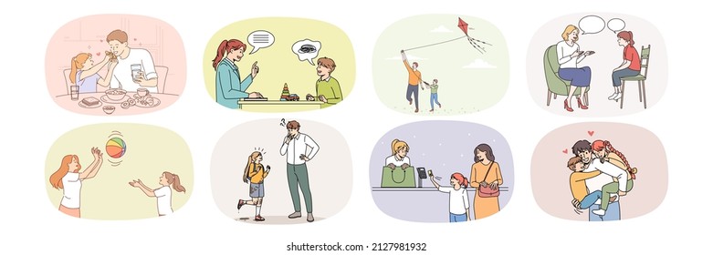 Collection Of Happy Loving Parent Relax Enjoy Time With Small Child. Set Of Caring Mother Or Father Play Rest With Little Teen Children. Good Parenthood And Family Relation. Vector Illustration. 