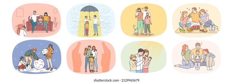 Collection of happy loving young family with children enjoy days relax and play together. Set of caring parents with kids spend time on leisure weekend. Relative unity. Victor illustration. 