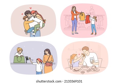 Collection of happy loving young parents have fun spend weekend time with small children. Set of smiling mom and dad enjoy days with little kids. Family unity and parenthood. Vector illustration. 