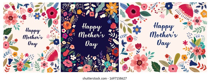 Collection of Happy Mothers Day greeting illustrations with colorful spring flowers. Happy Mothers Day templates, invitations