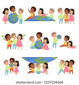 Collection of happy multicultural little kids standing together, friendship, unity concept vector Illustration on a white background