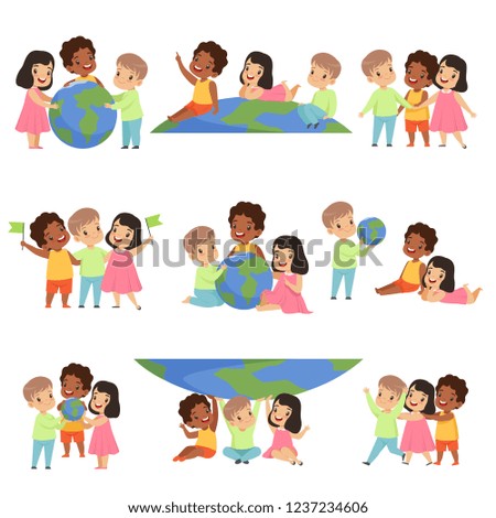 Collection of happy multicultural little kids standing together, friendship, unity concept vector Illustration on a white background