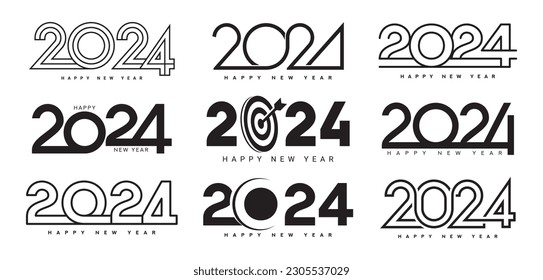 Collection of Happy New Year 2024 symbols. Vector illustration with black numbers 2024 isolated on white background. New Year holiday logos template. Set of Happy New Year 2024 logos design.