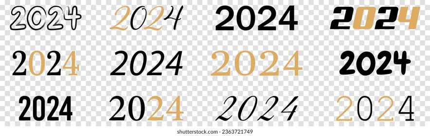 Collection of happy new year 2024 logo text design with gold color. Vector illustration isolated on transparent background
