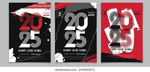 Collection of happy new year 2025 posters. Party invitations to welcome the new year 2025.