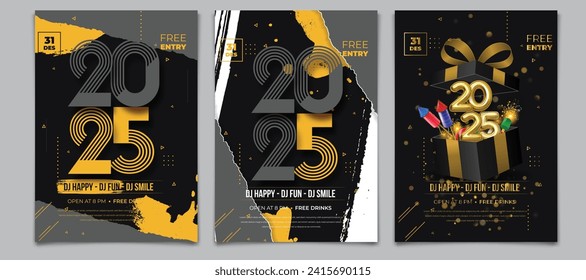 Collection of happy new year 2025 posters. Party invitations to welcome the new year 2025.