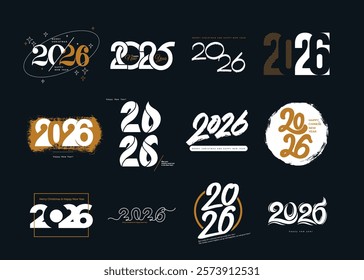 Collection of Happy New Year 2026 text design. Vector Happy New Year. Stunning graphics and festive Elements. Set of cover of business diary for 2026 with wishes. Brochure design card, banner.