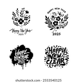 A collection of Happy New Year calligraphy with decorations around it on a white background