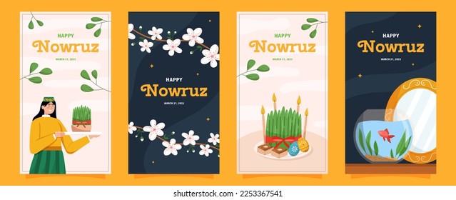 Collection of Happy Nowruz stories. Templates for social media. Flat vector illustration