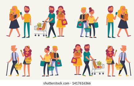 Collection of happy people carrying their purchases