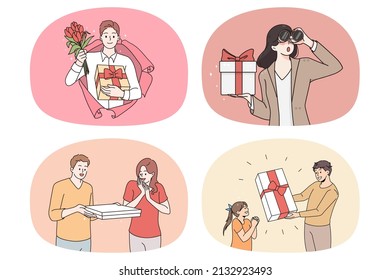 Collection of happy people excited with wrapped gifts on special occasion. Set of smiling men and women greet congratulate with presents on birthday. Vector illustration. 