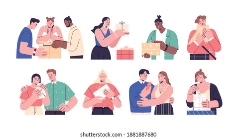 Collection of happy people opening gift boxes vector flat illustration. Scenes with man, woman and couples giving and holding wrapped holiday presents, unpacking festive giftboxes isolated on white