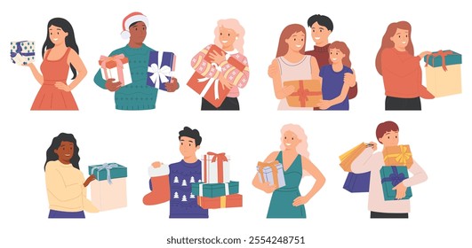 Collection of happy people opening gift boxes vector flat illustration. Scenes with man, woman and couples giving and holding wrapped holiday presents, unpacking festive giftboxes isolated on white