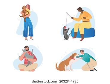 Collection of Happy Pet Owners. Men and women together with their cats and dogs. Love for animals and care for them. Hugs, play and tenderness. Cartoon flat vector set isolated on white background