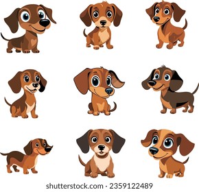 Colección de ilustraciones vectoriales de cachorros felices, diferentes poses, diferentes expresiones