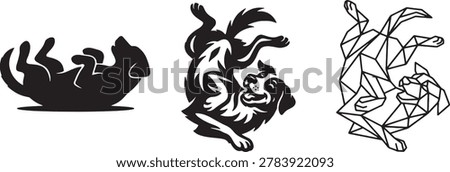 Collection of happy puppy poses created with solid black shapes detailed imagery and sharp polygon line art.