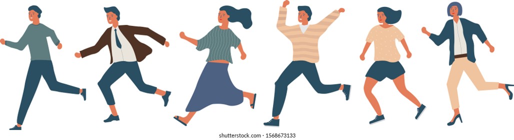 Collection of happy running men and women dressed in casual clothes. Set of funny smiling people in hurry or haste. Joyful flat cartoon characters isolated on white background. Vector illustration.