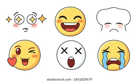 Coleção de emoticons felizes, tristes e piscando, expressando várias emoções e sentimentos