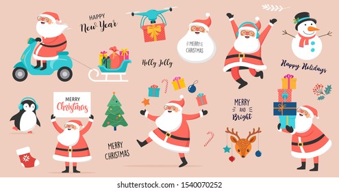 Collection of happy Santa Clauses, dancing, jumping, holding sign, driving on scooter