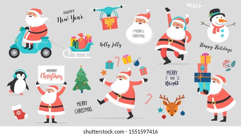 Collection of happy Santa Clauses, dancing, jumping, holding sign, driving on scooter. Vector illustration