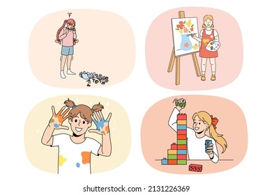 Collection of happy small girls kids have fun relax drawing with paints on weekend. Set of smiling little children rest construct with building blocks. Hobby and entertainment. Vector illustration. 