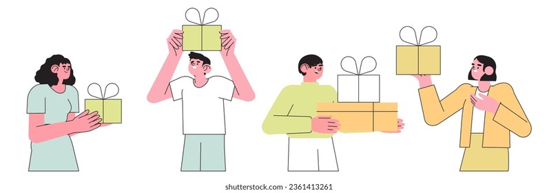 Collection of happy smiling people holding gift box with presents and celebrate birthday or anniversary. Concept of corporate employee greeting, winner, surprise or christmas event with prizes.