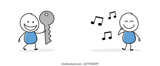 Collection of a happy stickman holding key and music notes sign. Cartoon style icons for a business presentation. Vector illustration