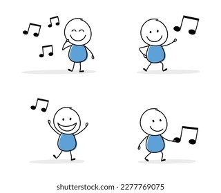 Collection of a happy stickman holding music notes sign. Cartoon style icons for a business presentation. Vector illustration
