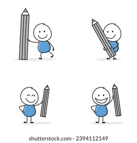 Collection of a happy stickman holding pencil sign. Cartoon style icons for a business presentation. Vector illustration