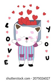 Collection Happy Valentine's Day with cute cats. Design a Valentine-themed doodle style for cards, posters, backgrounds, t-shirt designs, digital prints, covers, pillow, decoration, mugs  and more 