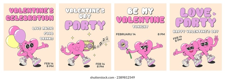 Collection of Happy Valentine's Day greeting cards or posters in funky groovy style. Cartoon romantic 60s, 70s vector illustrations with lovely hearts characters and text. Valentine's day invitation.