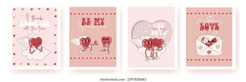 Collection of Happy Valentine's Day greeting cards or posters in funky groovy style. Cartoon romantic 60s, 70s vector illustrations with lovely hearts characters and text. Valentine's day invitation.	
