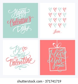Collection of Happy Valentines day greeting cards. Handwritten inscription. Set of hand drawn card design. Holiday cards in pink and blue colors. Vector illustration.