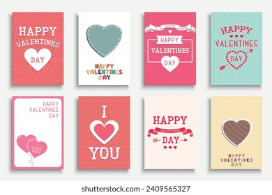 Collection of Happy Valentines Day posters - vintage hand drawn design. Cute holiday cards, banners with lettering and decorative elements.
